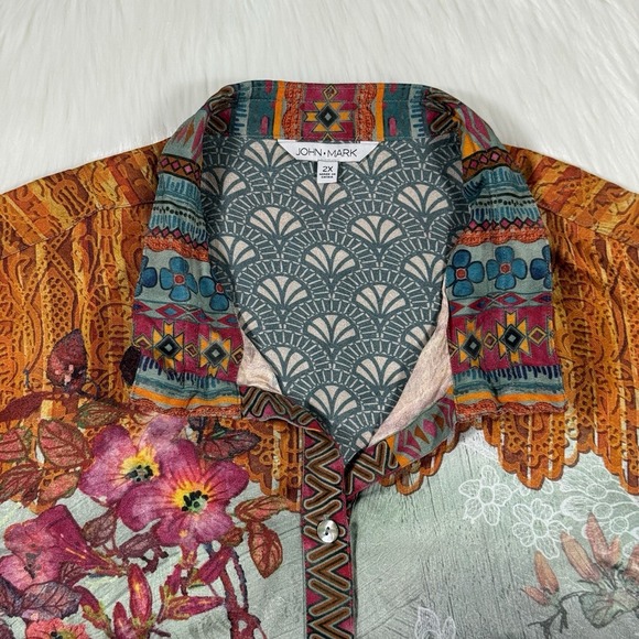 John Mark Women's Size 2X Mixed Print Button Front Blouse Top Wired Collar - Picture 4 of 11